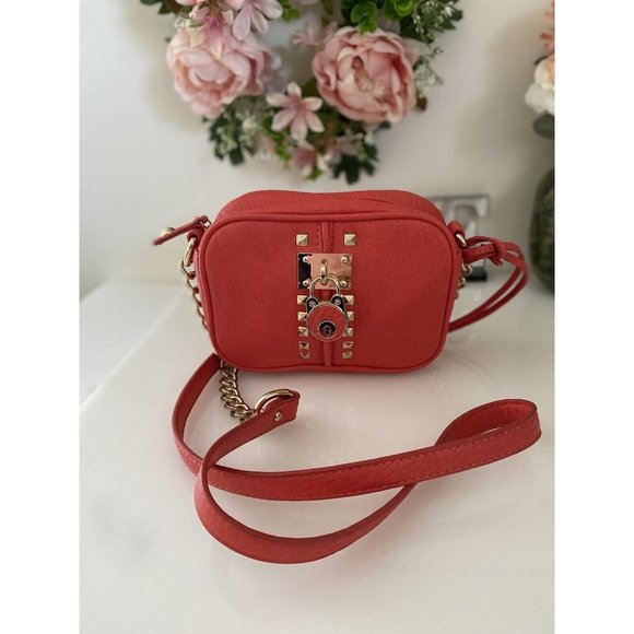 Vtg Crossbody Bag Orange Purse Partial Chain Strap Small Locket Studs Accents - Picture 1 of 16